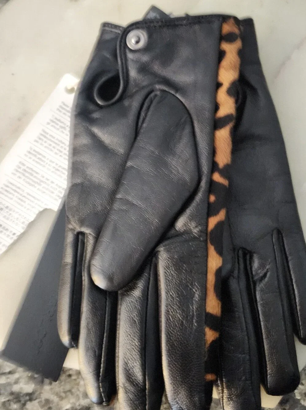 NWT Karl Lagerfeld Black & Leopard Print Women's Goat Nappa Leather Gloves